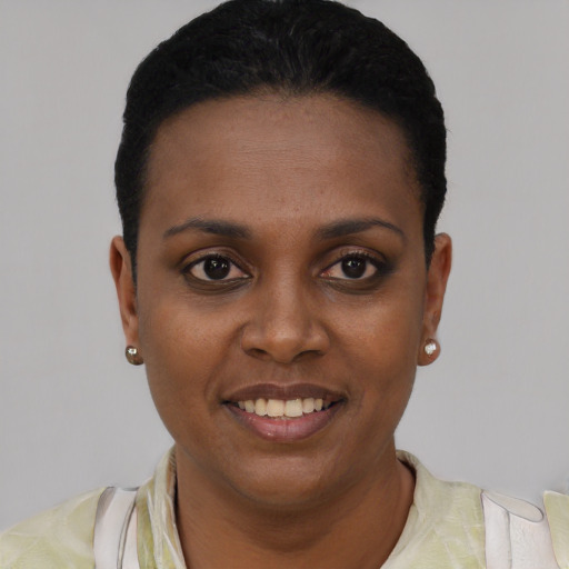 Joyful black young-adult female with short  black hair and brown eyes