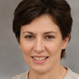 Joyful white adult female with medium  brown hair and brown eyes