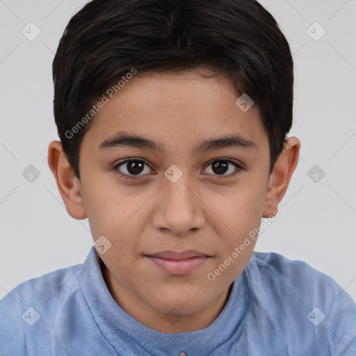 Joyful white child female with short  brown hair and brown eyes