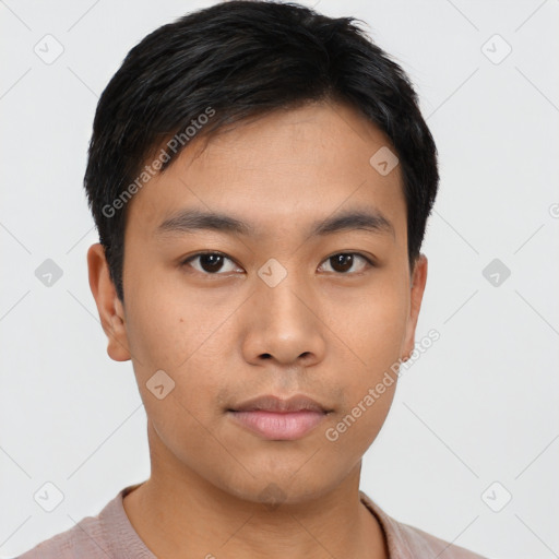 Neutral asian young-adult male with short  black hair and brown eyes