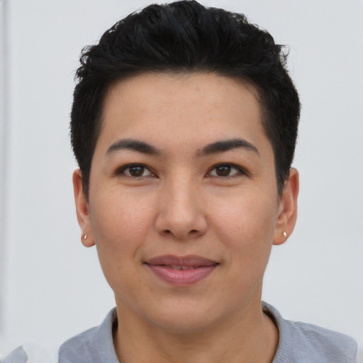 Joyful asian young-adult female with short  black hair and brown eyes