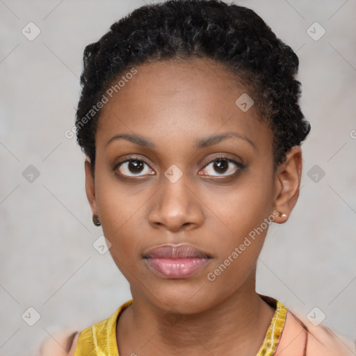 Neutral black young-adult female with short  black hair and brown eyes