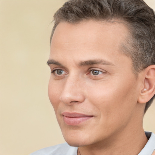 Neutral white young-adult male with short  brown hair and brown eyes