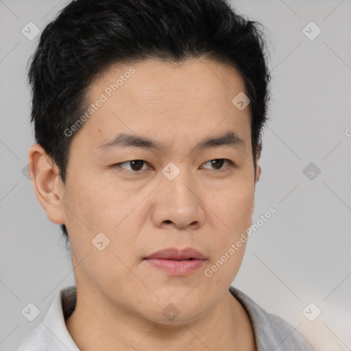 Neutral latino young-adult male with short  brown hair and brown eyes