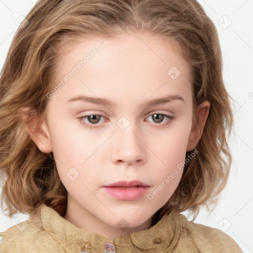 Neutral white child female with medium  brown hair and grey eyes