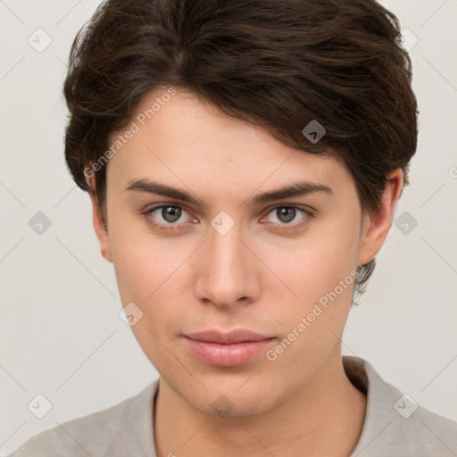 Neutral white young-adult female with short  brown hair and brown eyes