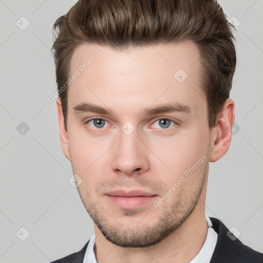 Neutral white young-adult male with short  brown hair and brown eyes