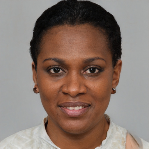Joyful black young-adult female with short  black hair and brown eyes