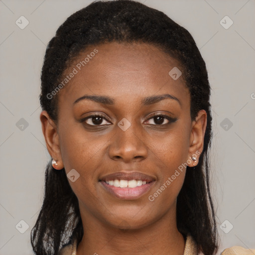 Joyful black young-adult female with medium  brown hair and brown eyes