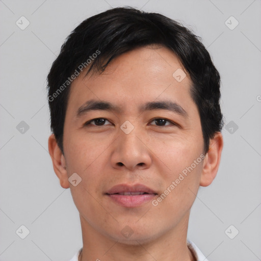 Neutral asian young-adult male with short  black hair and brown eyes