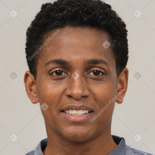 Joyful black young-adult male with short  black hair and brown eyes