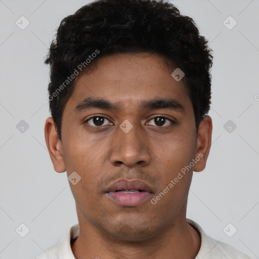 Neutral latino young-adult male with short  black hair and brown eyes