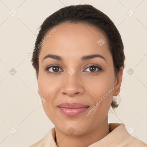 Joyful latino young-adult female with short  brown hair and brown eyes