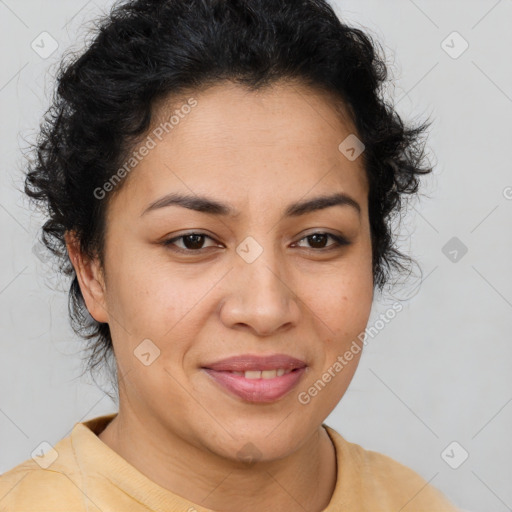 Joyful latino young-adult female with short  brown hair and brown eyes