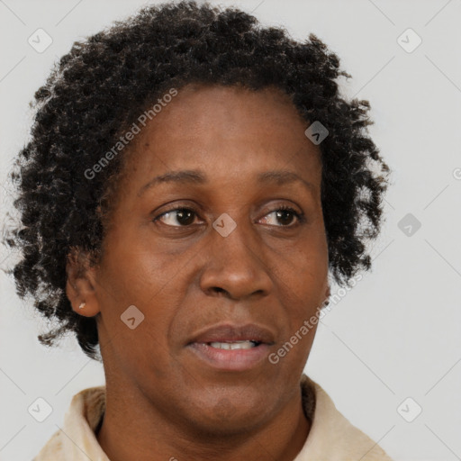 Neutral black adult female with short  brown hair and brown eyes