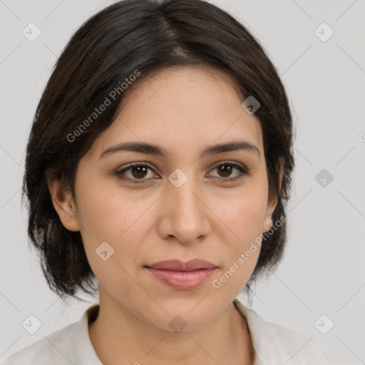 Joyful white young-adult female with medium  brown hair and brown eyes