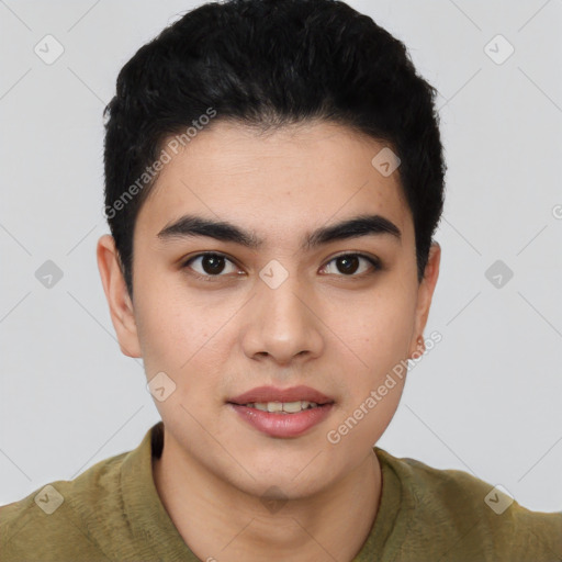 Joyful white young-adult male with short  black hair and brown eyes