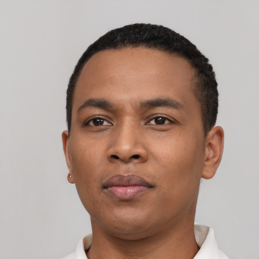 Neutral black young-adult male with short  black hair and brown eyes