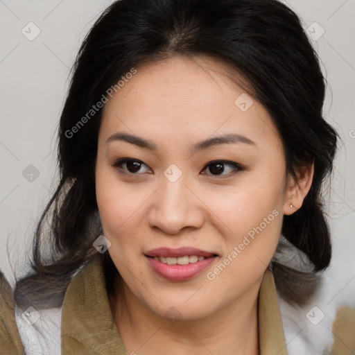 Joyful white young-adult female with medium  brown hair and brown eyes