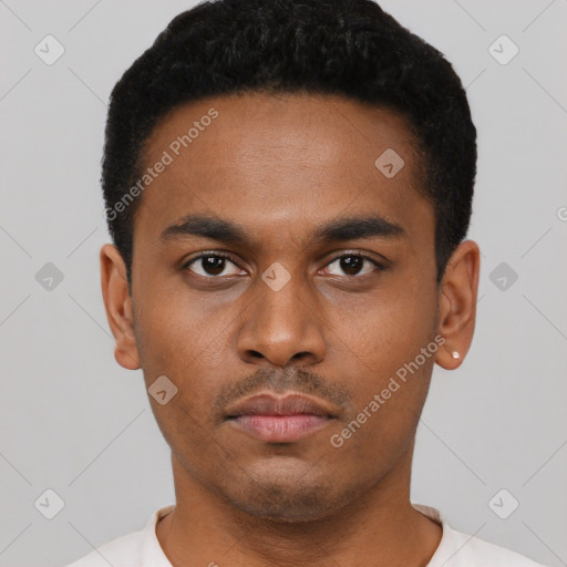 Neutral black young-adult male with short  black hair and brown eyes