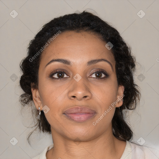 Joyful black young-adult female with medium  brown hair and brown eyes