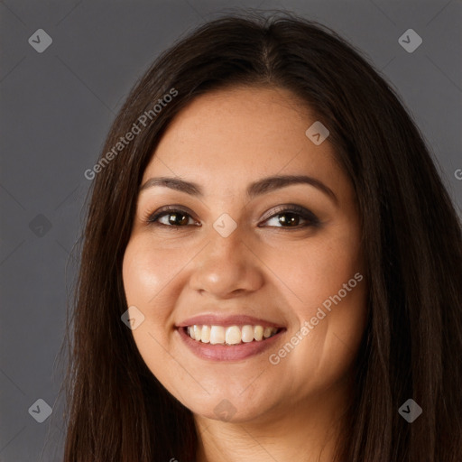 Joyful white young-adult female with long  brown hair and brown eyes