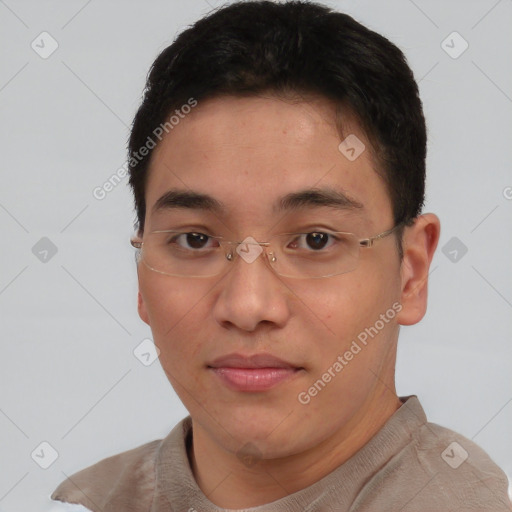 Neutral asian young-adult male with short  brown hair and brown eyes