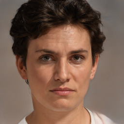 Joyful white adult female with short  brown hair and brown eyes