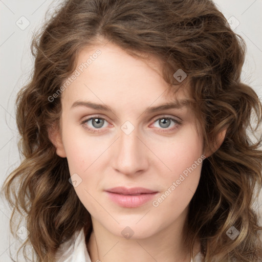 Joyful white young-adult female with medium  brown hair and green eyes