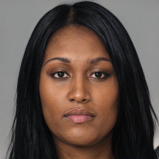 Neutral asian young-adult female with long  black hair and brown eyes