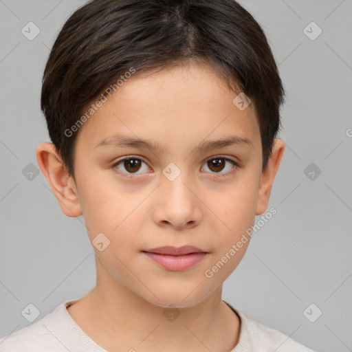 Joyful white child female with short  brown hair and brown eyes