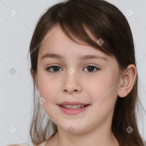 Joyful white child female with medium  brown hair and brown eyes