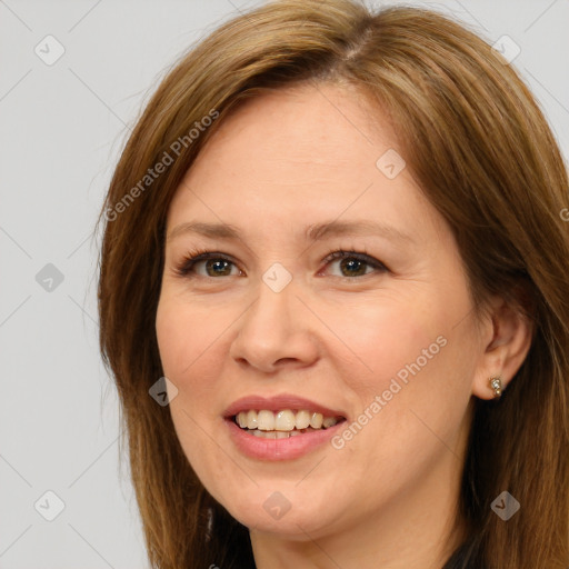 Joyful white young-adult female with long  brown hair and brown eyes