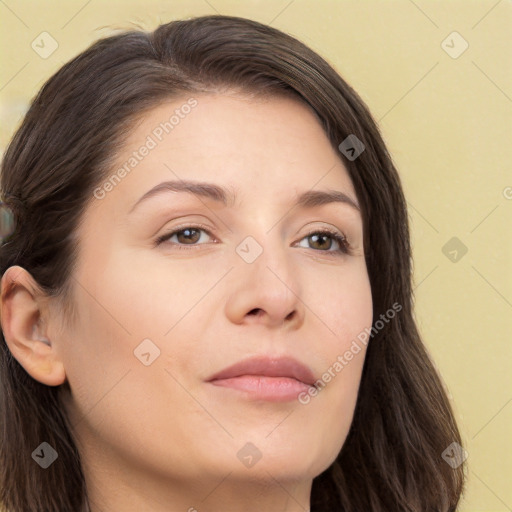 Neutral white young-adult female with long  brown hair and brown eyes