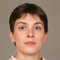 Neutral white young-adult female with short  brown hair and brown eyes