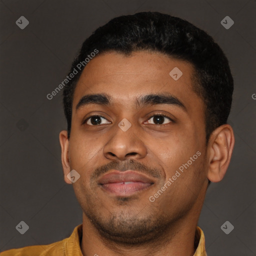 Joyful latino young-adult male with short  black hair and brown eyes