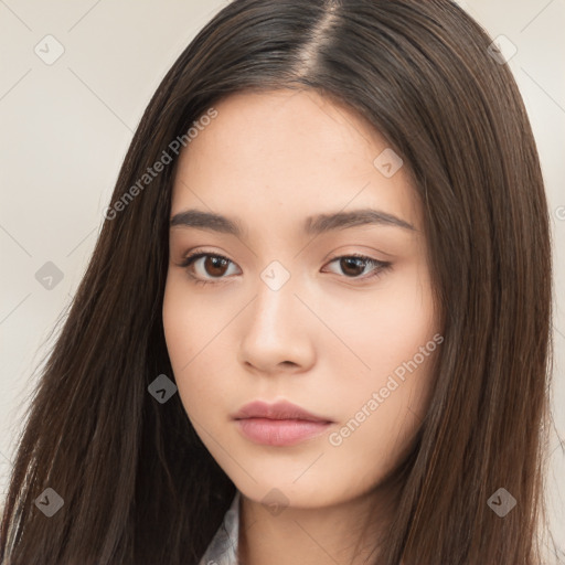 Neutral white young-adult female with long  brown hair and brown eyes