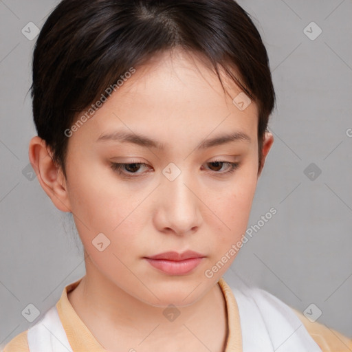 Neutral white young-adult female with medium  brown hair and brown eyes