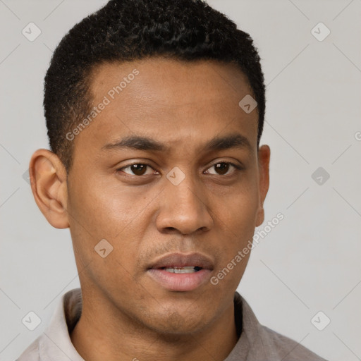 Neutral latino young-adult male with short  brown hair and brown eyes