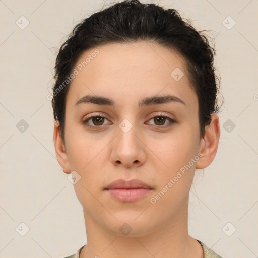 Neutral white young-adult female with short  brown hair and brown eyes