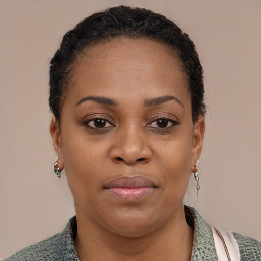 Joyful black young-adult female with short  black hair and brown eyes