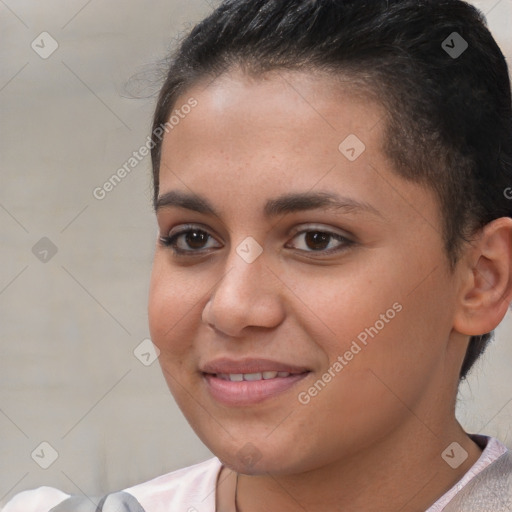 Joyful white young-adult female with short  brown hair and brown eyes