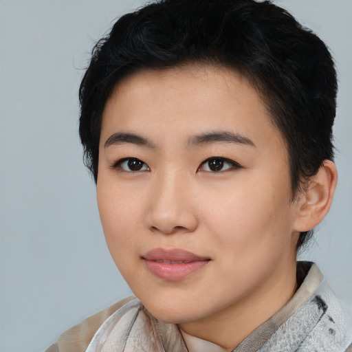 Neutral asian young-adult female with short  black hair and brown eyes