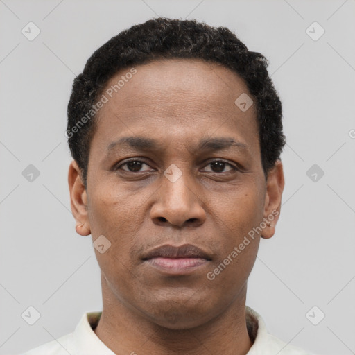 Neutral black adult male with short  black hair and brown eyes