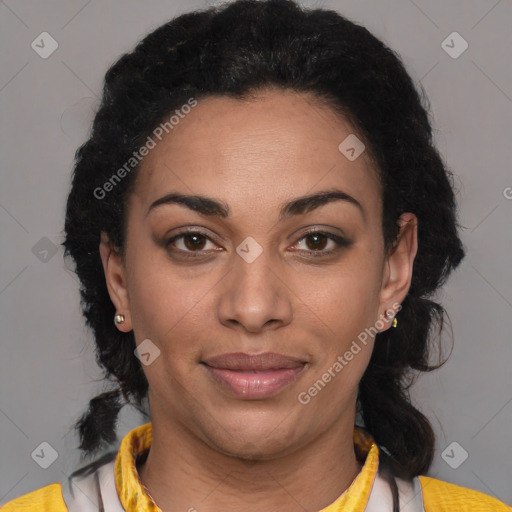 Joyful latino young-adult female with medium  brown hair and brown eyes