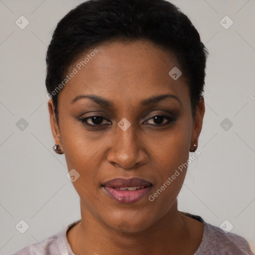 Joyful black young-adult female with short  black hair and brown eyes