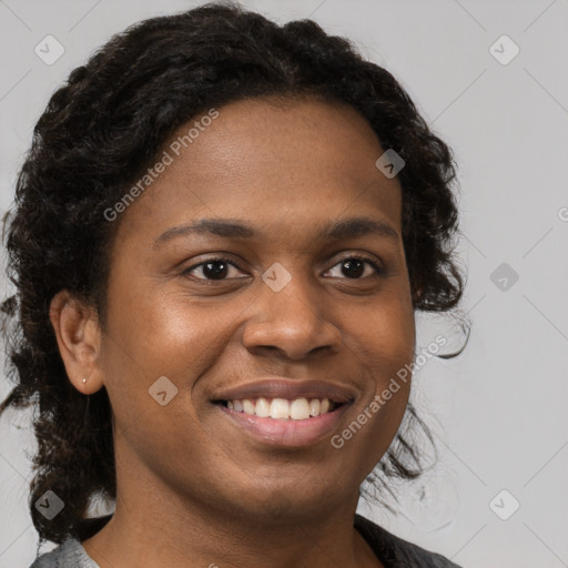 Joyful black young-adult female with medium  brown hair and brown eyes