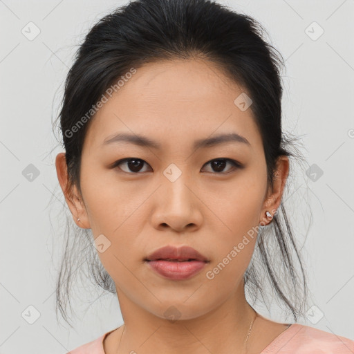 Neutral asian young-adult female with medium  brown hair and brown eyes