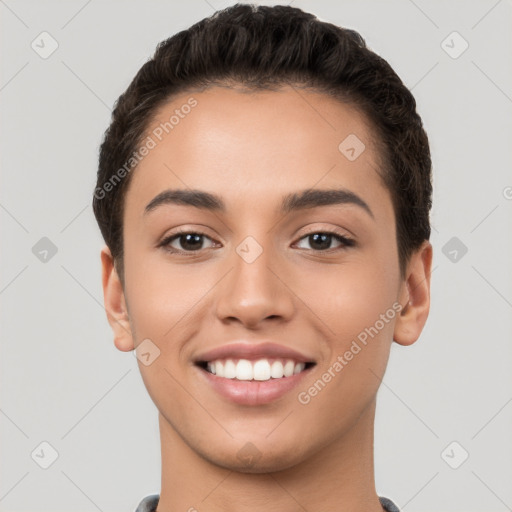 Joyful white young-adult female with short  brown hair and brown eyes