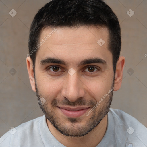 Joyful white young-adult male with short  brown hair and brown eyes